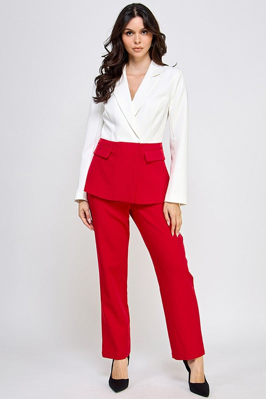 Color Block Blazer With Straight Leg Pants Set