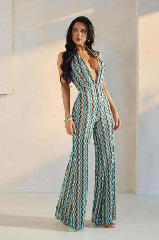 ZIGZAG PATTERN HALTER JUMPSUIT - Akana
