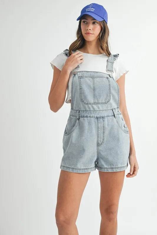 Square Neck Denim Overall Romper with Ruffle Shoulders - Akana Style