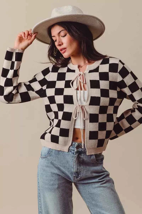 SO ME Tie Front Checkered Knitted Round Neck Cardigan