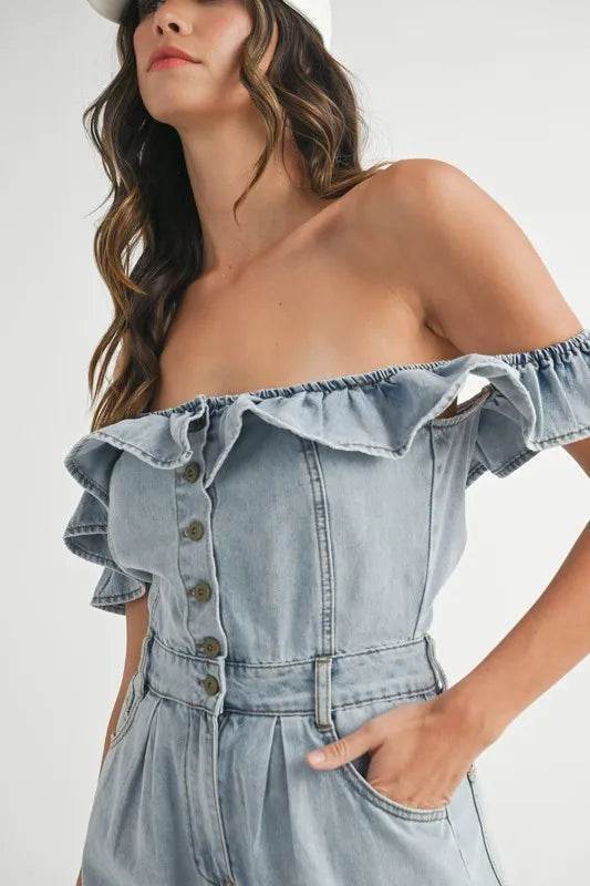Off Shoulder Denim Romper with Ruffle Detail - Akana Style