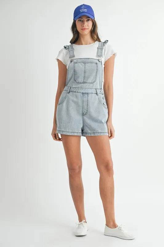 Square Neck Denim Overall Romper with Ruffle Shoulders - Akana Style