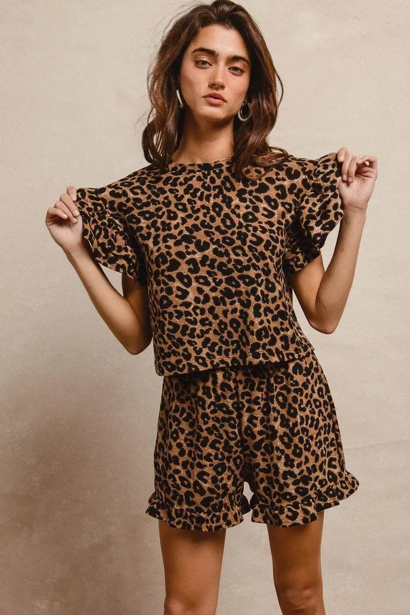 Leopard Print Ruffle Sleeve Set with Waffle Texture Layered Top and Shorts - Akana Style