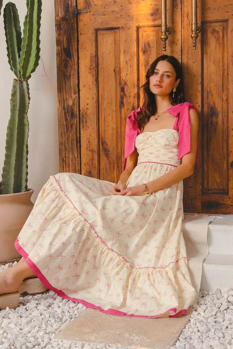 Ribbon Maxi Dress with Contrast Trim for Effortless Style - Akana Style