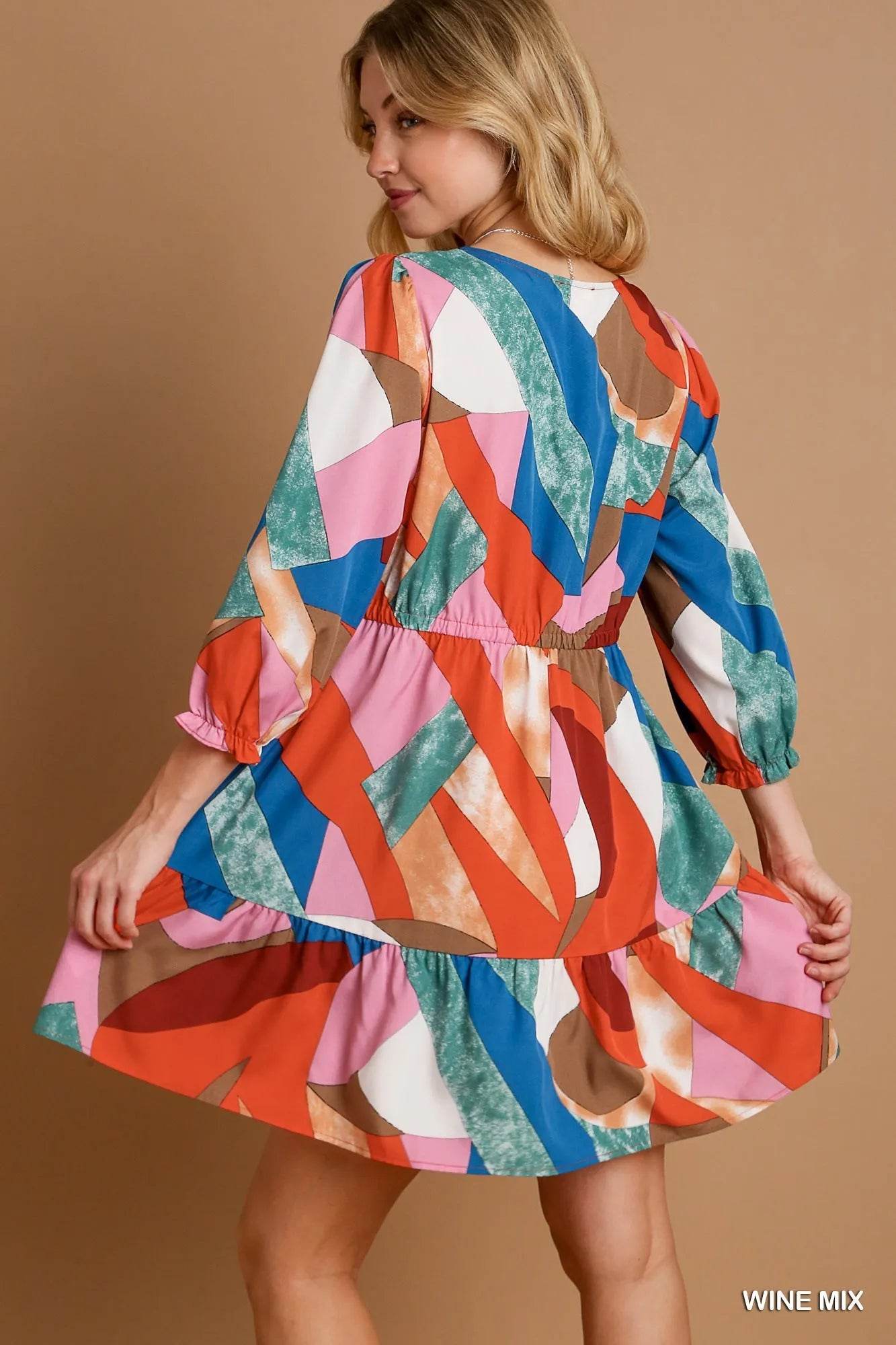 Umgee Tiered Printed Dress - Abstract V-Neck Style - Akana Style