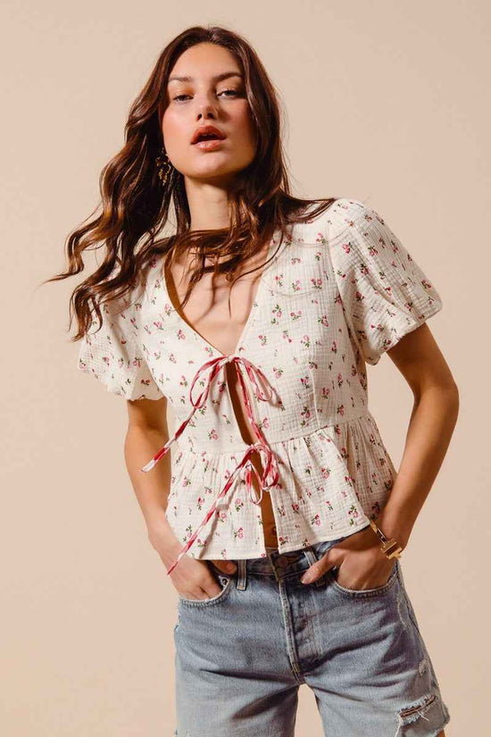 Ditsy Floral Print Gauze Tie-Front Blouse