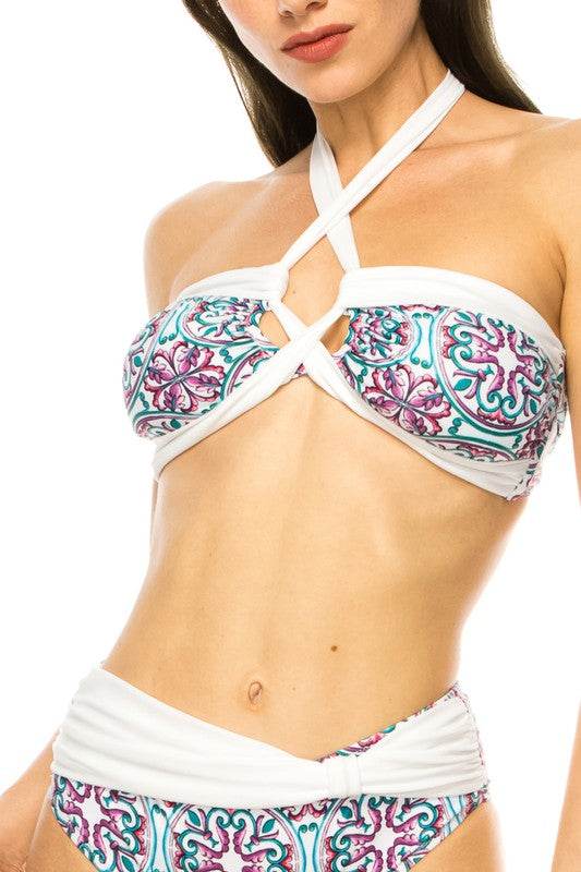 Two Piece Floral Print Criss Cross Halter Bikini for Stylish Summers - Akana Style