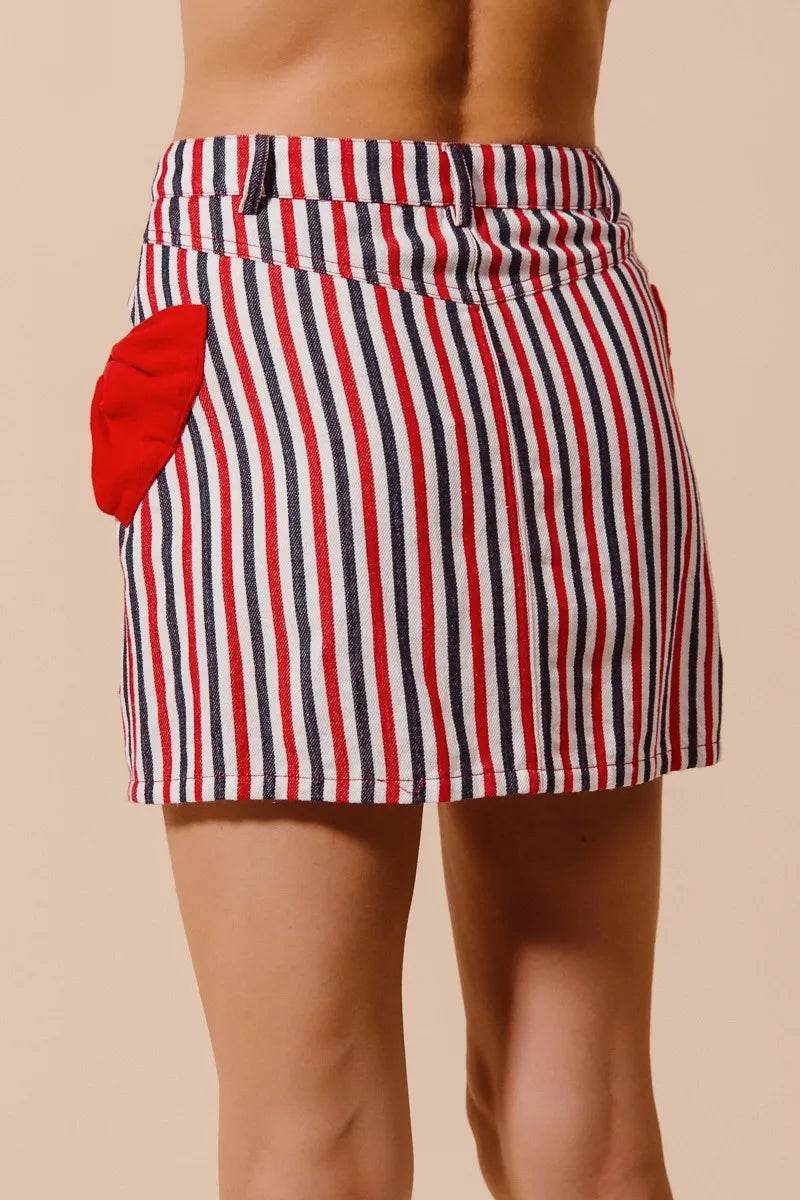 Contrast Bow Knot Pocket Fourth Of July Denim Skirt - Akana Style