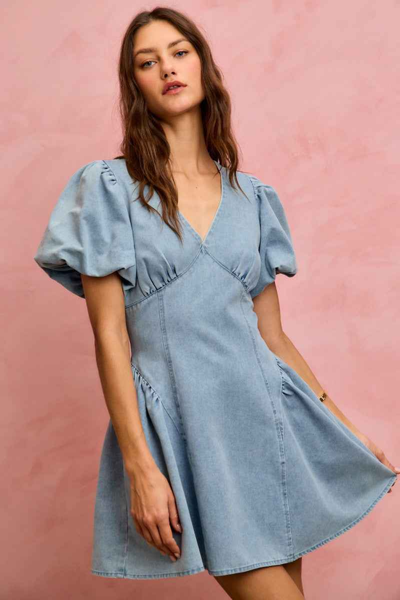 Bubble Sleeves Denim Fit And Flare Mini Dress