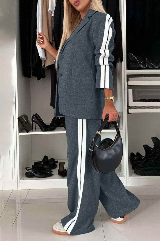 Full Size Contrast Lapel Collar Set - Stylish Top and Pants Outfit - Akana Style