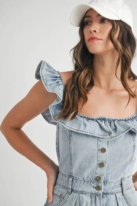 Off Shoulder Denim Romper with Ruffle Detail - Akana Style