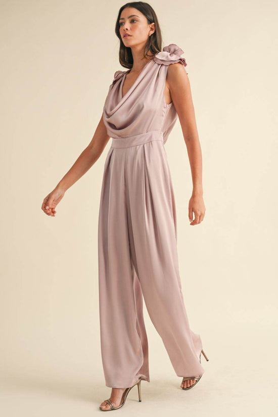 3D Floral Applique Jumpsuit with Deep Cowl Neck - Akana Style