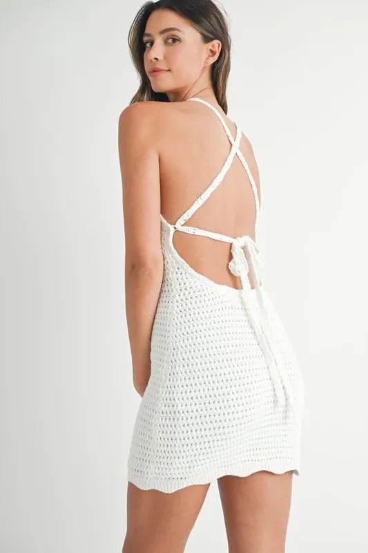 Crochet Mini Dress with Crisscross Spaghetti Straps - Akana Style