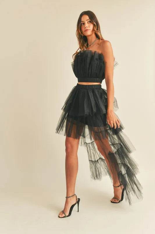 Tulle Ruffle Crop Top Set with High Low Maxi Skirt - Akana Style