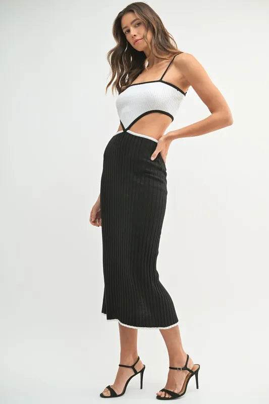 Ribbed Knit Color Block Dress with Cutout - Stylish Midi Dress - Akana Style