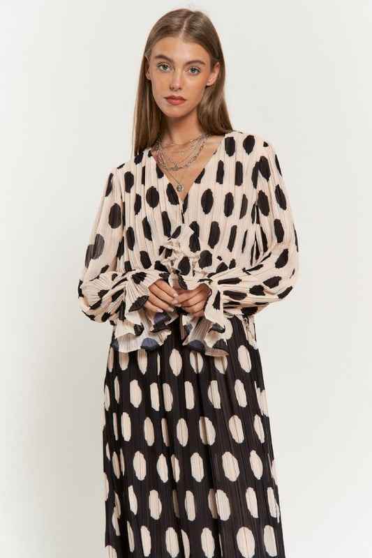 Polka Dot Maxi Dress with Ruffled Long Sleeves and Pleated Design - Akana Style