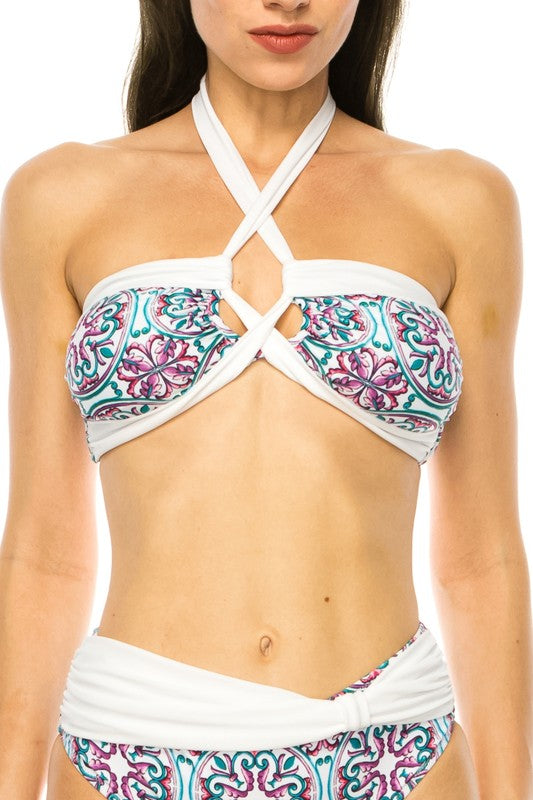 TWO PIECE FLORAL PRINTS CRISS CROSS HALTER BIKINI - Akana