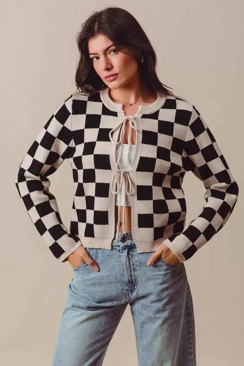 SO ME Tie Front Checkered Knitted Round Neck Cardigan