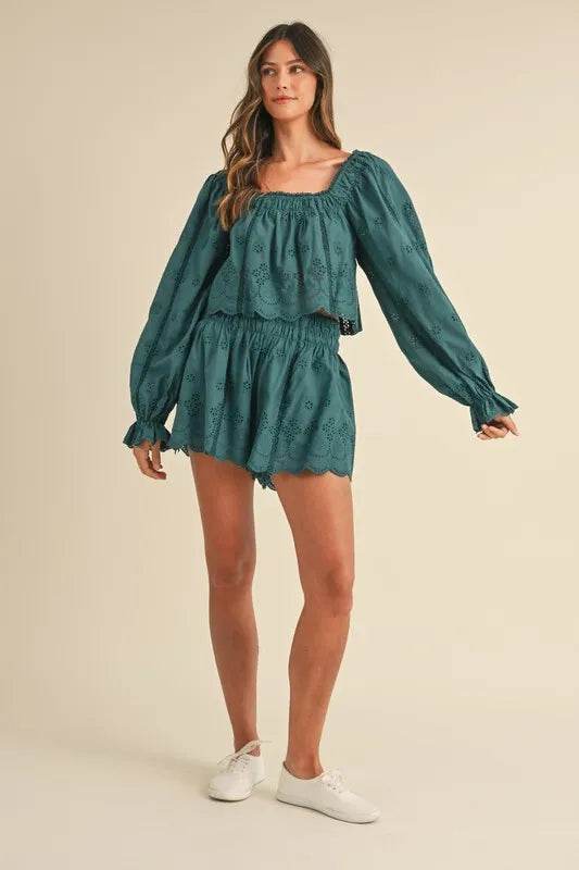 Embroidered Lace Top and Short Set with Scalloped Design - Akana Style