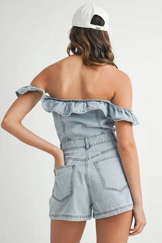 Off Shoulder Denim Romper with Ruffle Detail - Akana Style