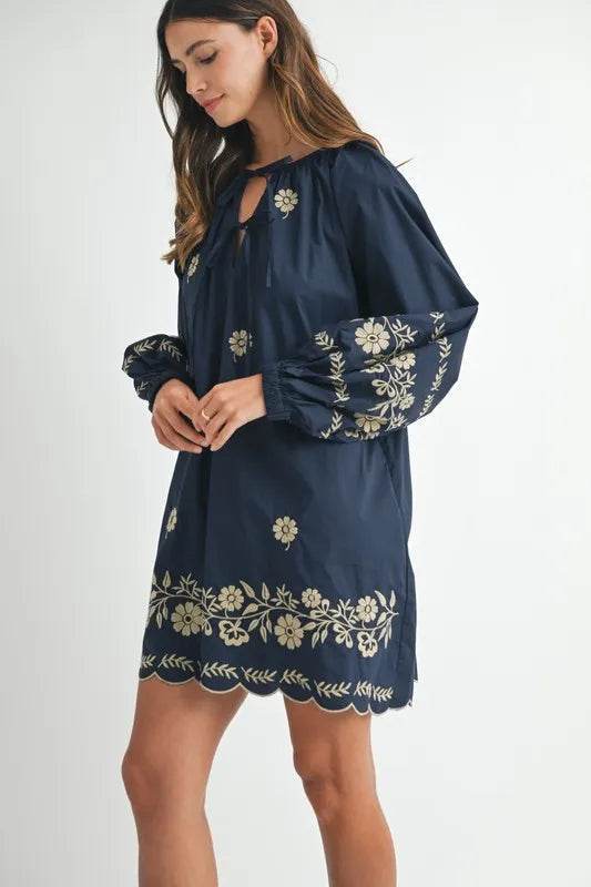 Embroidered Peasant Mini Dress with Long Sleeves - Akana Style
