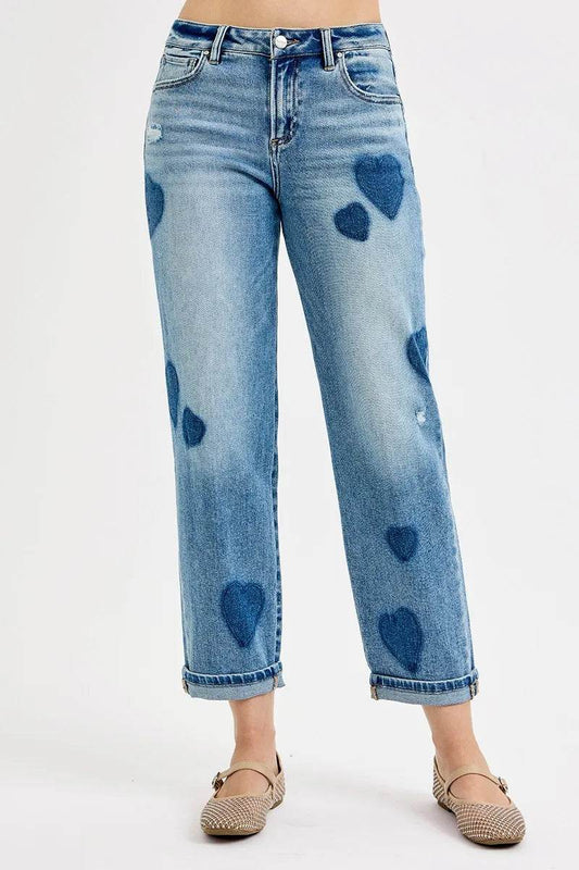 RISEN Plus Size Boyfriend Jeans - Full Size Mid Rise Fit with Heart Shade - Akana Style