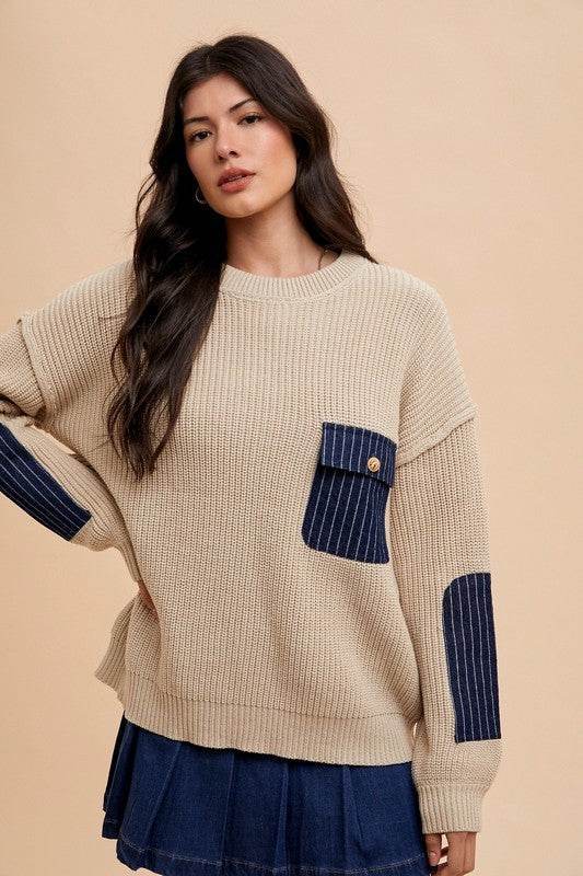 Contrast Round Neck Sweater with Patch Pocket and Drop Shoulder Design - Akana Style