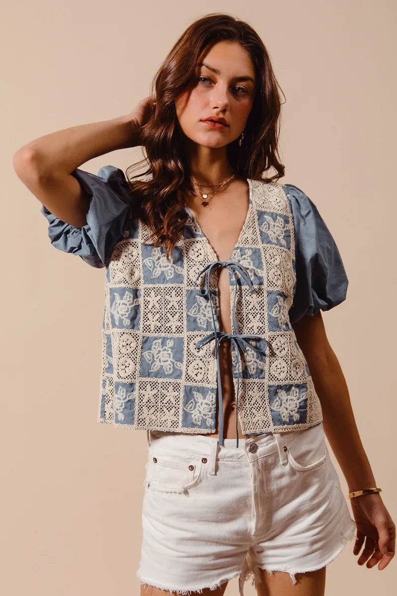 Crochet Lace Blouse with Tie Front V Neck Design - Akana Style