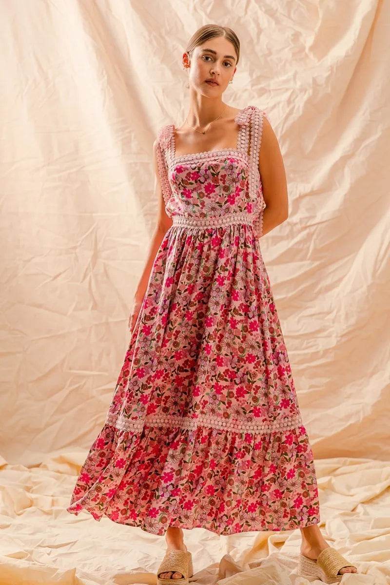 Floral Maxi Dress With Ribbon Tie Lace Strap - Akana Style