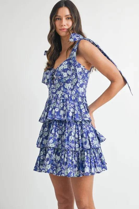 Floral Print Mini Dress with Shoulder Ties and Layered Design - Akana Style