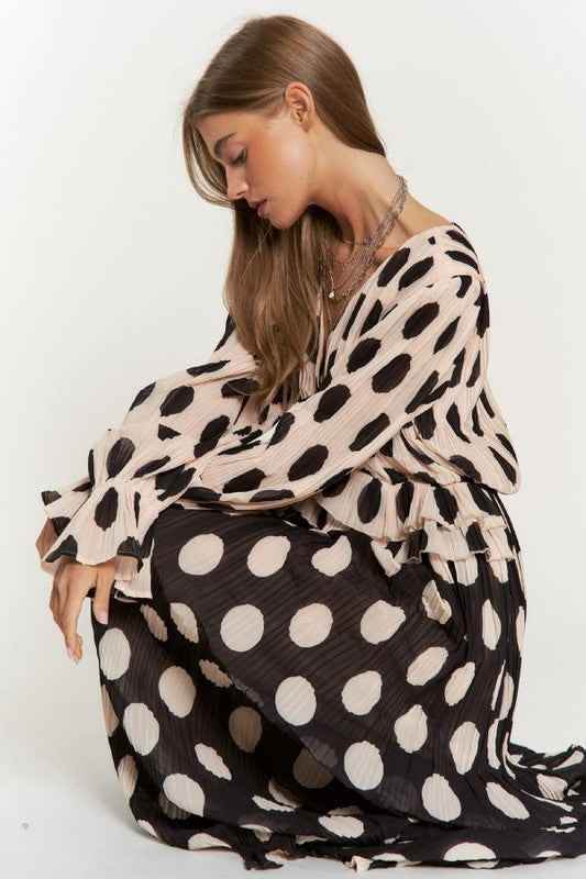 Polka Dot Maxi Dress with Ruffled Long Sleeves and Pleated Design - Akana Style