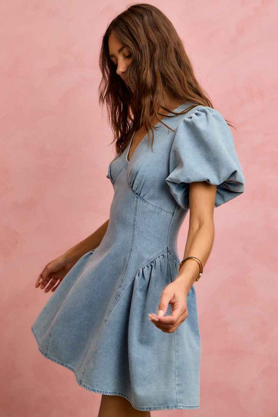 Bubble Sleeves Denim Fit And Flare Mini Dress