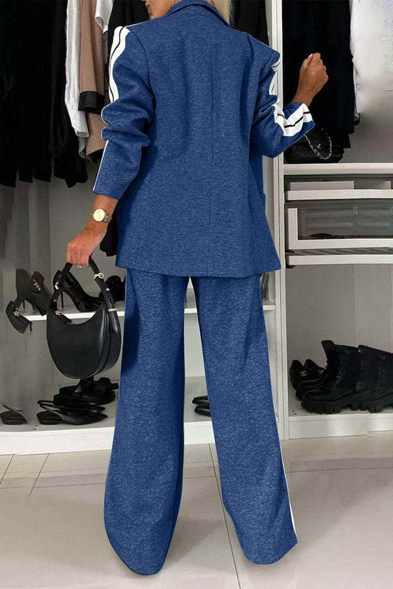 Full Size Contrast Lapel Collar Set - Stylish Top and Pants Outfit - Akana Style