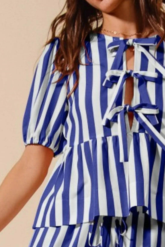 Front Tie Puff Sleeves Set - Stripe Top and Wide Leg Pants Design - Akana Style