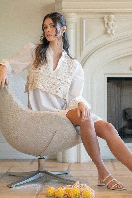 Crochet Vest Notched Long Sleeve Shirt Dress - Stylish Crochet Vest Dress - Akana Style