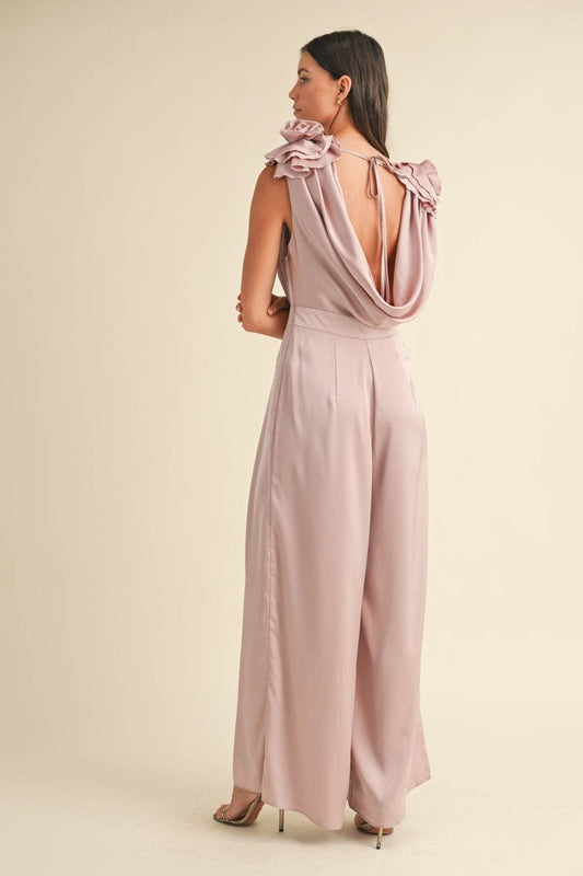 3D Floral Applique Jumpsuit with Deep Cowl Neck - Akana Style