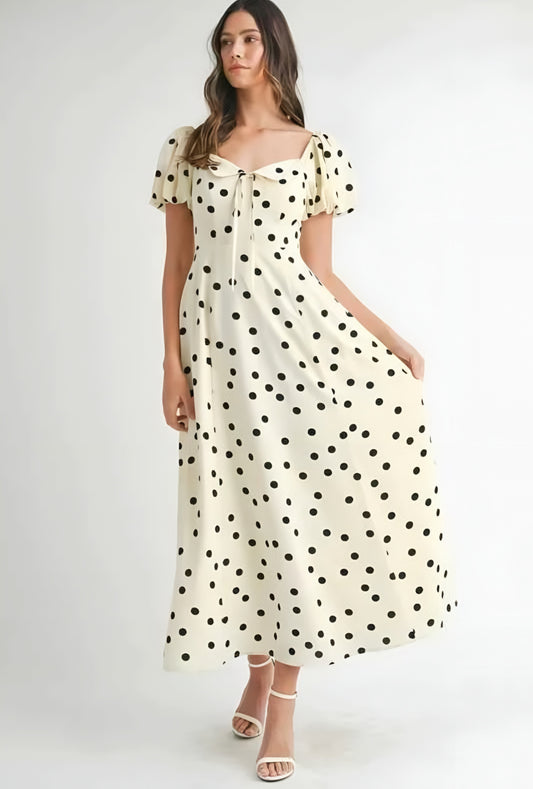 Polka Dot Puff Sleeve Midi Dress