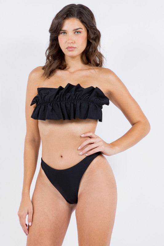 Two Piece Tube Top Ruffle Bikini with Ruched Design - Akana Style