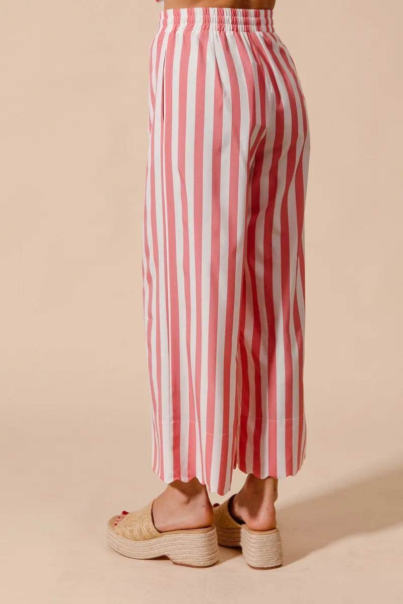 Front Tie Stripe Top Set with Puff Sleeves and Wide Leg Pants - Akana Style