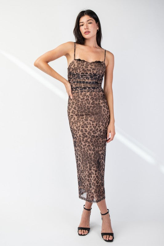 LEOPARD PRINTED MESH MIDI DRESS