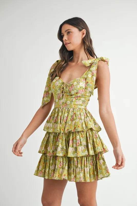 Floral Print Mini Dress with Shoulder Ties and Layered Design - Akana Style