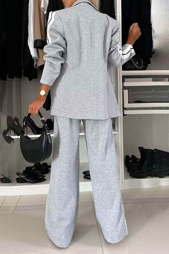 Full Size Contrast Lapel Collar Set - Stylish Top and Pants Outfit - Akana Style