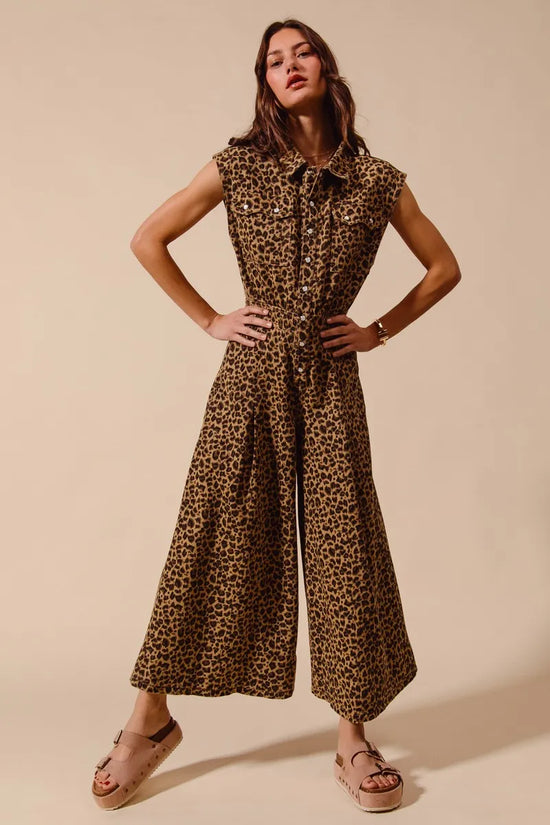 Wide Leg Leopard Twill Overalls Jumpsuit with Tuck - Akana