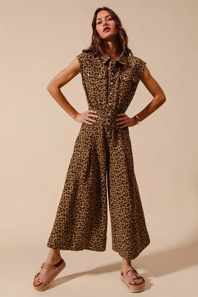 Wide Leg Leopard Twill Overalls Jumpsuit with Tuck - Akana