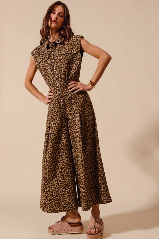 Wide Leg Leopard Twill Overalls Jumpsuit with Tuck - Akana