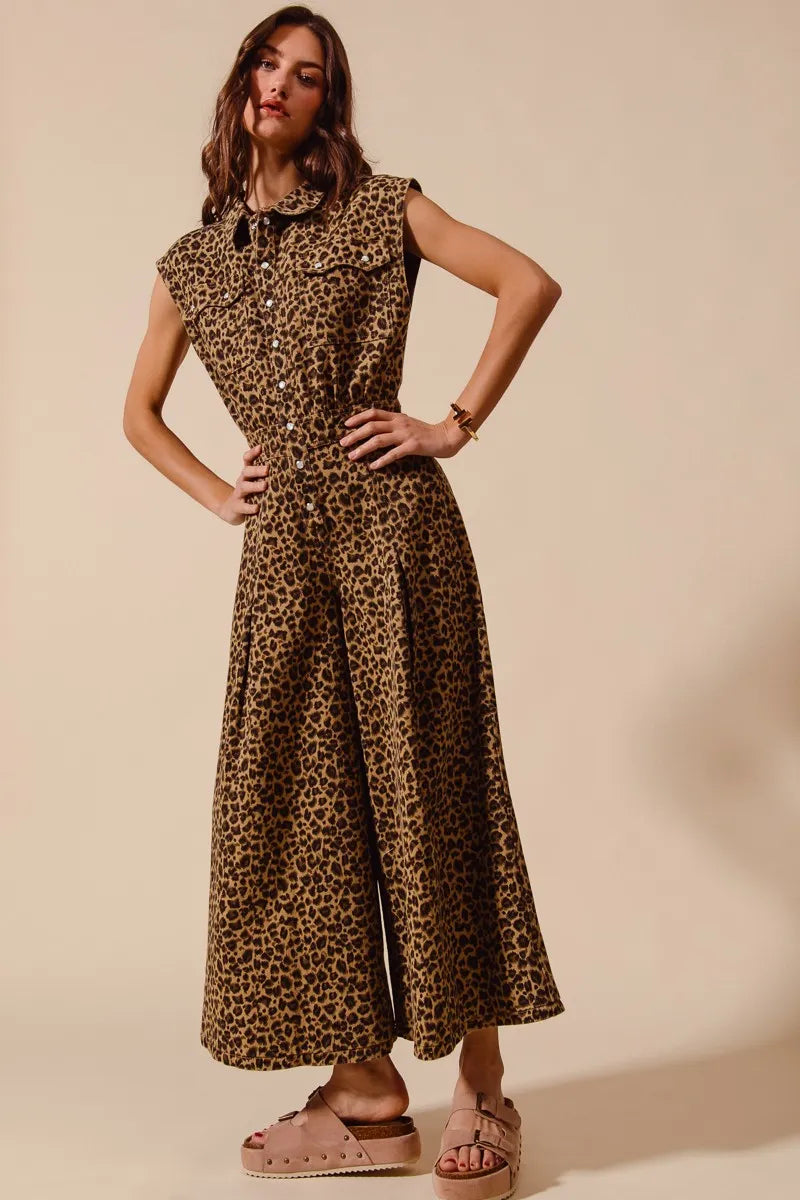 Wide Leg Leopard Twill Overalls Jumpsuit with Tuck - Akana