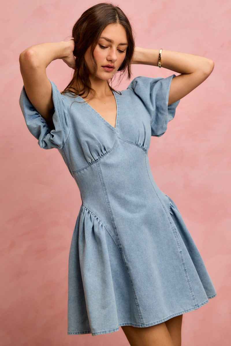 Bubble Sleeves Denim Fit And Flare Mini Dress
