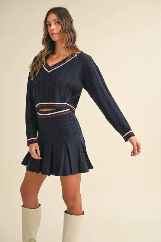 Cable-Knit Sweater Set with Pleated Skirt - Akana Style