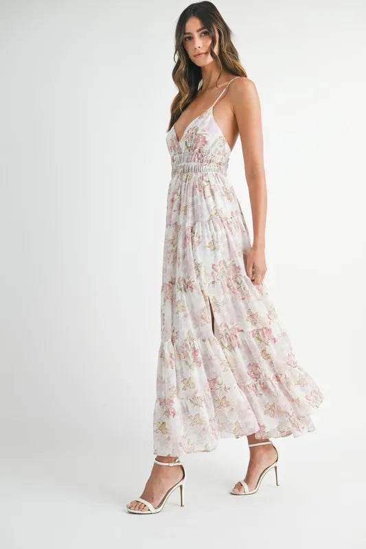 Floral Print Maxi Dress with Tiered Cami Design - Akana Style
