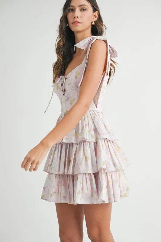 Floral Print Mini Dress with Shoulder Ties and Layered Design - Akana Style